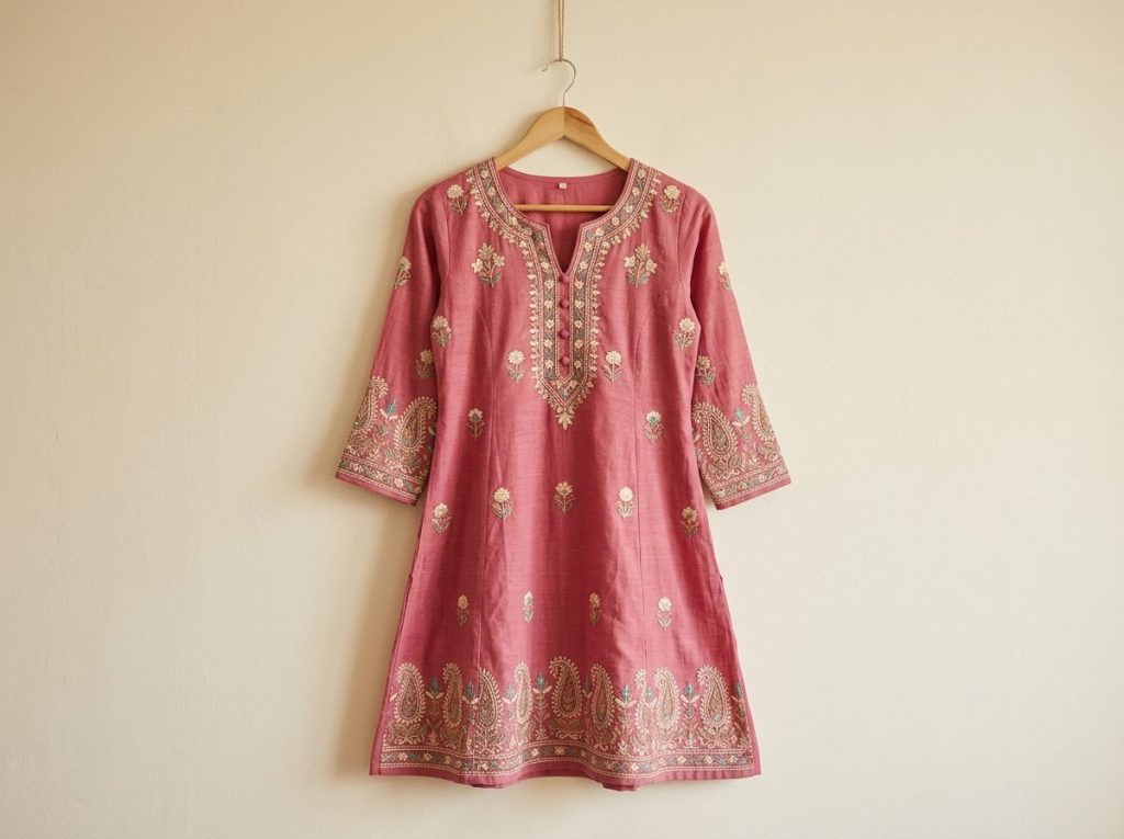 Embroidered A-Line Kurti - Rose Pink